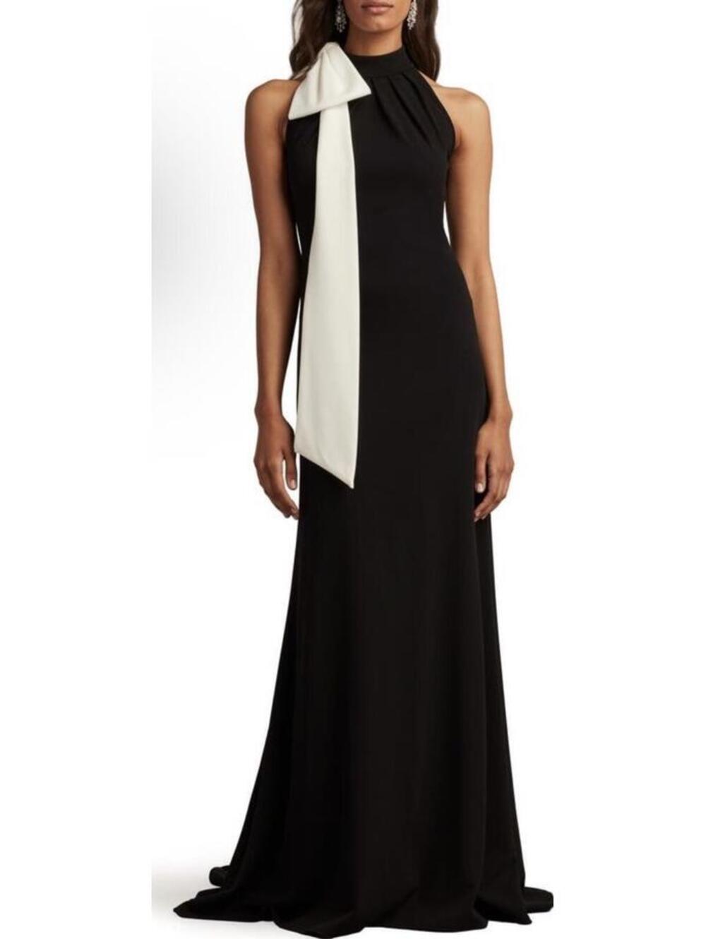 New Tadashi Shoji Bow Detail Sleeveless Gown In Black/ Ivory Sz L $458